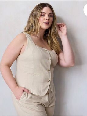 Kohls Sleeveless Button-Front Linen Blend Vest -Academy Khaki
